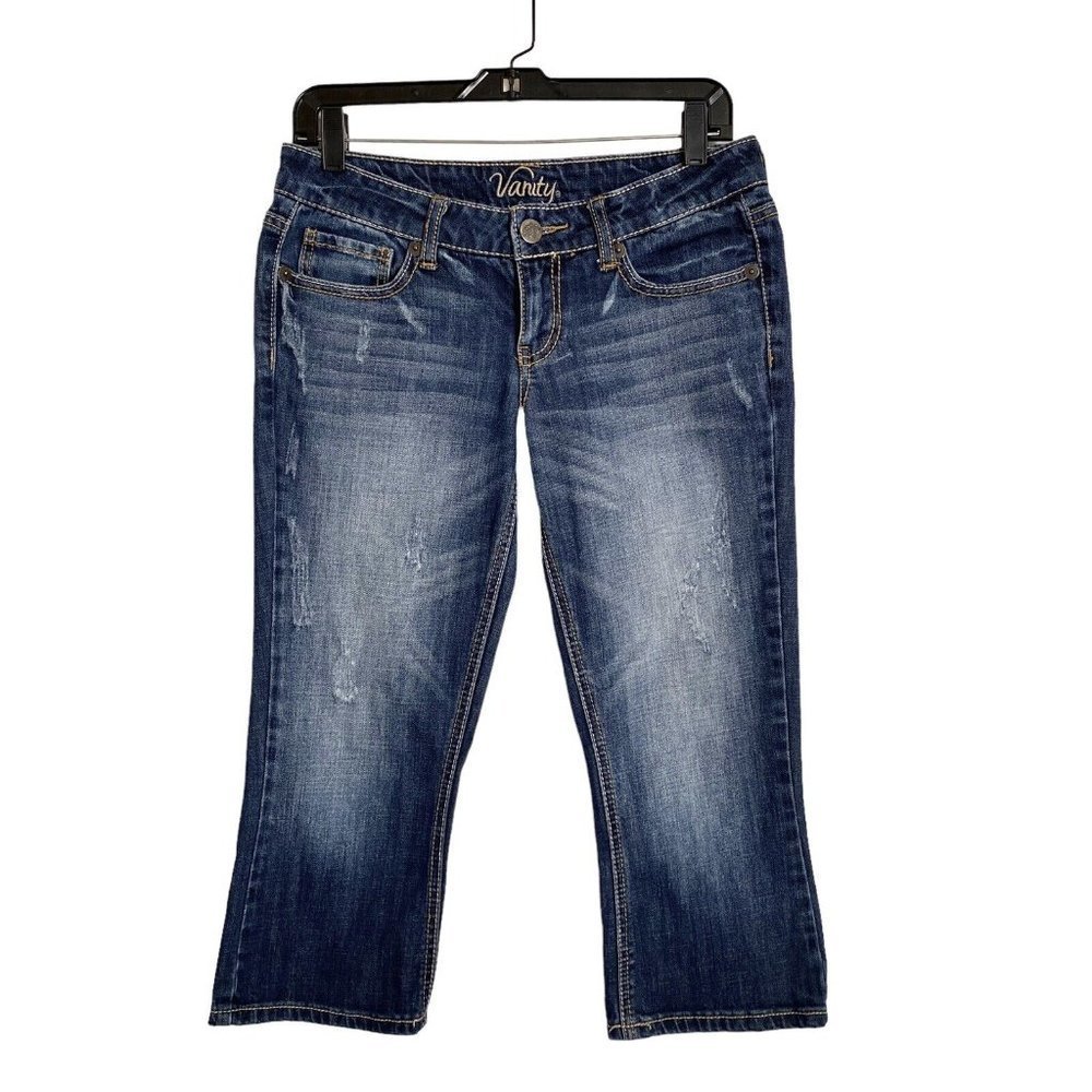 Vanity Dakota Capri Skimmers Denim Jeans Womens Size 28 Distressed Darker Blue
